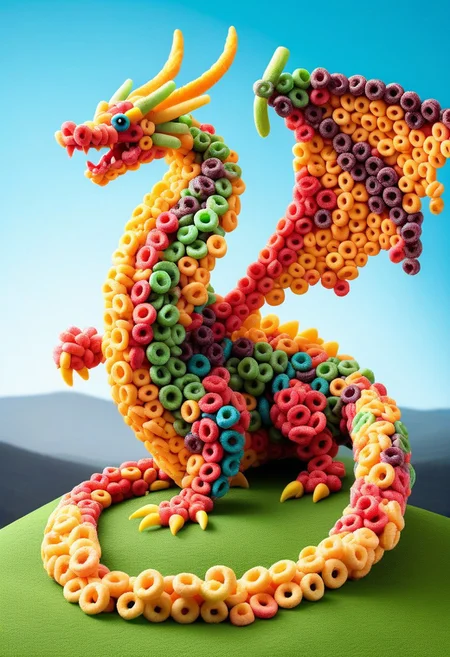a dragon with wide wings made of fruit loops on a hill made of fruit loops