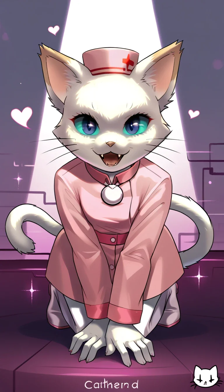 ((detailed face:1, detailed eyes:1)), absurdres, newest,,source_anime,pastel colors, score_9,score_8,score_7,source_furry,1girl, anthro, furry, furry female, furry female,cat, catherine, white fur, blue sclera, whiskers, nurse hat, nurse uniform, happy, looking at viewer, open mouth, fangs, full body, dynamic pose, dynamic angle, blank background, abstract background, hearts,