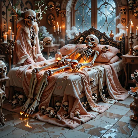 cf_style, skullthemeXL, cozy light, soft ambient glow, humorous surrealism, cartoon realism, stylized textures,
(3 relaxed cats), each lying on massage beds shaped from stacked ribcages and spine columns, covered in fluffy towels.
(2 skeletal masseuses) with golden claws gently massaging their backs, wearing soft spa robes.
Background is a warm-lit spa room decorated with hanging skull planters and bone candleholders.
Steam in the air forms whimsical skull patterns, gentle shadows cast on bone-tiled floor. Warm pastel tones and smooth surfaces.