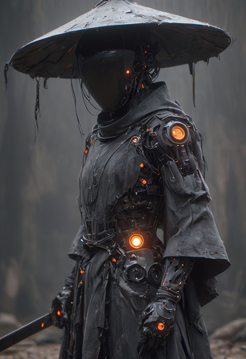 Craft a captivating vibrant dark black-neon caption for a photo capturing the essence of a cyborg Bedouin sorcerer in fight stance, defying expectations by conjuring a whimsical robot 'freak' from an oversized sedge  hat. ethereal, smoky backdrop. throwing a translucent orange/tanslucent purple/black katana,
 very detailed, atmospheric haze, Film grain, cinematic film still, shallow depth of field, highly detailed, high budget, cinemascope, moody, epic, OverallDetail, gorgeous, 2000s vintage RAW photo, photorealistic, candid camera, color graded cinematic, eye catchlights, atmospheric lighting, skin pores, imperfections, natural, shallow dof