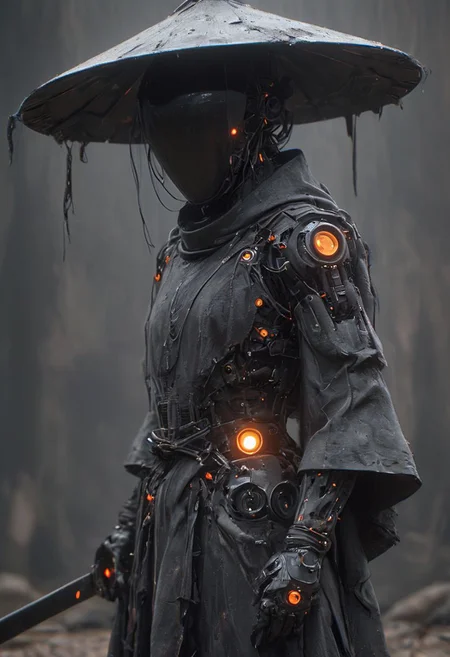 Craft a captivating vibrant dark black-neon caption for a photo capturing the essence of a cyborg Bedouin sorcerer in fight stance, defying expectations by conjuring a whimsical robot 'freak' from an oversized sedge  hat. ethereal, smoky backdrop. throwing a translucent orange/tanslucent purple/black katana,
 very detailed, atmospheric haze, Film grain, cinematic film still, shallow depth of field, highly detailed, high budget, cinemascope, moody, epic, OverallDetail, gorgeous, 2000s vintage RAW photo, photorealistic, candid camera, color graded cinematic, eye catchlights, atmospheric lighting, skin pores, imperfections, natural, shallow dof