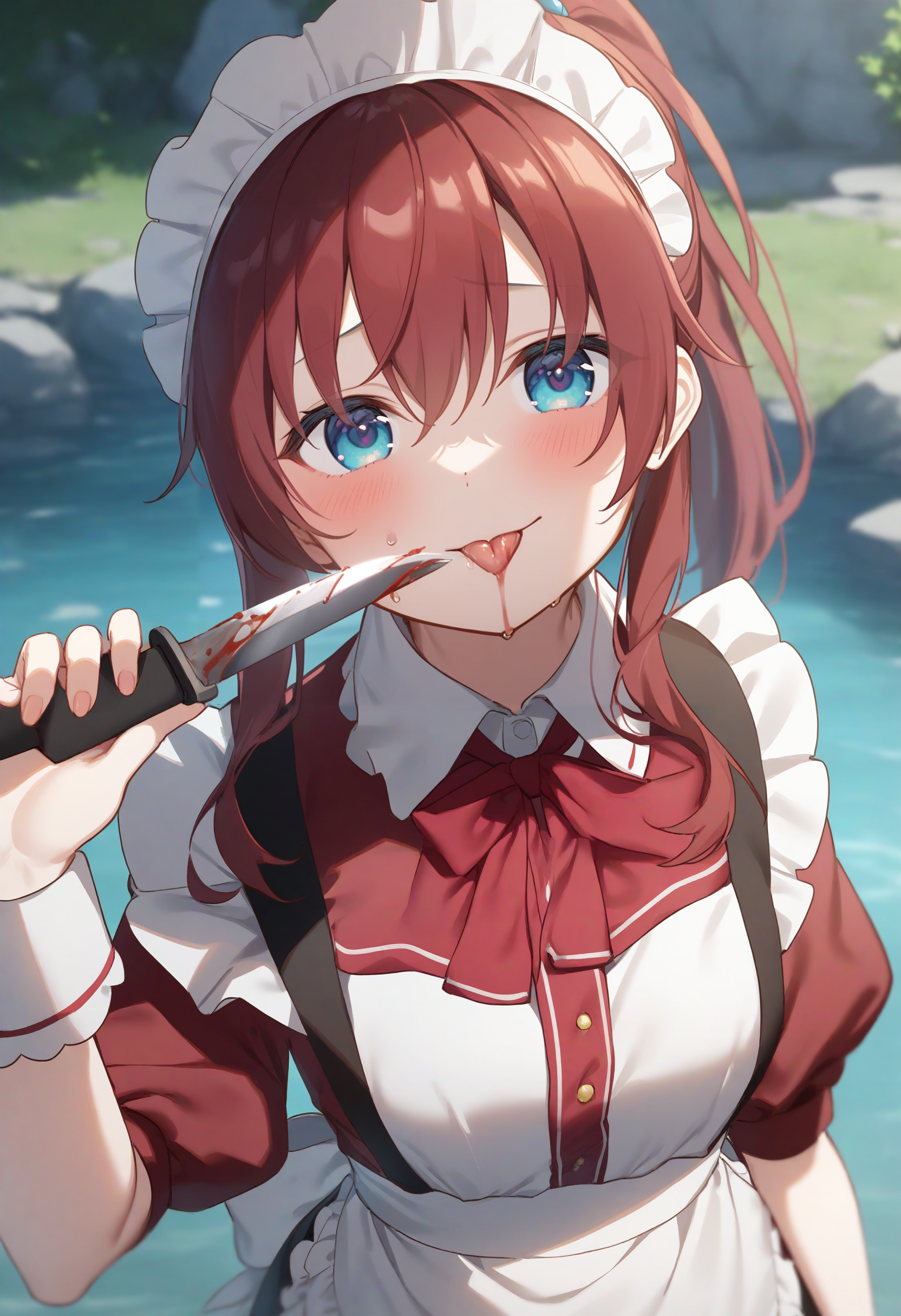 1girl,sincos, ningen mame, toosaka asagi,solo,medium breasts,20yo,maid,maid headdress,
licking knife, <lora:lickingknife_XL_v1:0.8>
tongue out, holding knife, blood,saliva,
from above, portrait, looking up, red hair, black eyes,sad smile, lakes, closed mouth, ponytail hair,,
best quality, very aesthetic, absurdres