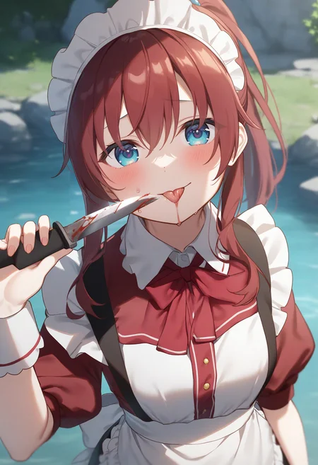 1girl,sincos, ningen mame, toosaka asagi,solo,medium breasts,20yo,maid,maid headdress,
licking knife, <lora:lickingknife_XL_v1:0.8>
tongue out, holding knife, blood,saliva,
from above, portrait, looking up, red hair, black eyes,sad smile, lakes, closed mouth, ponytail hair,,
best quality, very aesthetic, absurdres