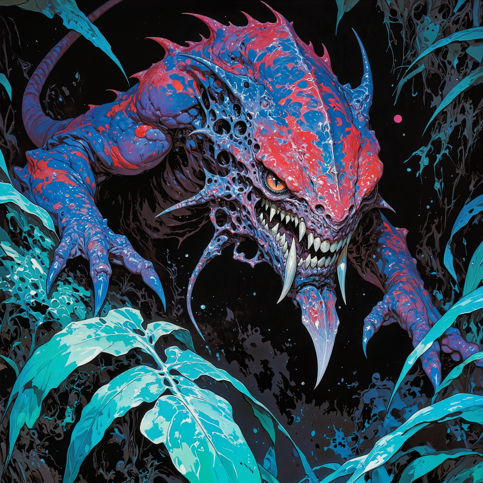 creature focus, hyper-realistic, photo-realistic, very aesthetic, ethereal and otherworldly scenery on a distant planet, extremely detailed, ultra high resolution, famous artwork inspired by larry elmore and phil foglio, movie poster style, dark background, famous for its silky shiny fur is the mystical and fascinating predator known as "lumbering fouldemon", it is a jungle-dwelling species, its tinkersnuffed expressive eyes are gleaming with intelligence as it nurglefizzles for the perfect moment to strike while hiding in the fyrbled shadows of the primordial planet "nyxsphere v", dappled lighting, golden ratio, the color palette is predominantly dark amethyst purple and scarlet and deep teal and obsidian black and ultramarine blue and taupe, ovg, in the style of ckpf, frank frazetta, amanoer, <lora:style-frank_frazetta-flux-by_artikuz_ai:0.36> <lora:style-yoshitaka_amano-elden_ring-flux-by_alicient:0.72> <lora:style-painterly_fantasy-flux-by_chronoknight:0.72> <lora:style-retro_anime-flux-by_lizardman245:0.2>
