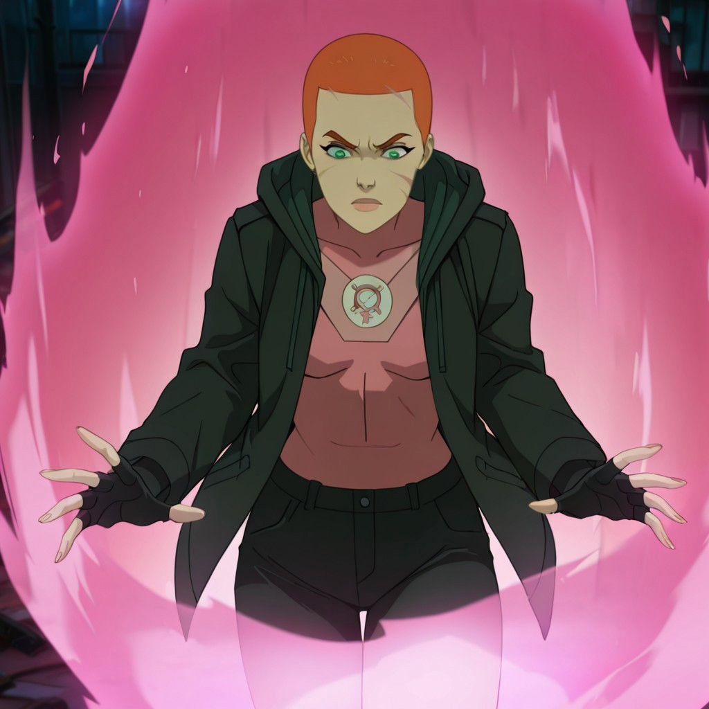 masterpiece, best quality, newest, absurdres, highres, ALTEVE-INVPACK.V1.0  1girl, short hair, orange hair, redhead, jacket, open jacket, pink shirt, AT0MEVE-OUTFIT-SHIRT, fingerless gloves, gloves, green eyes, scar, hooded jacket, AT0Meve-powers, magic, pink magic,