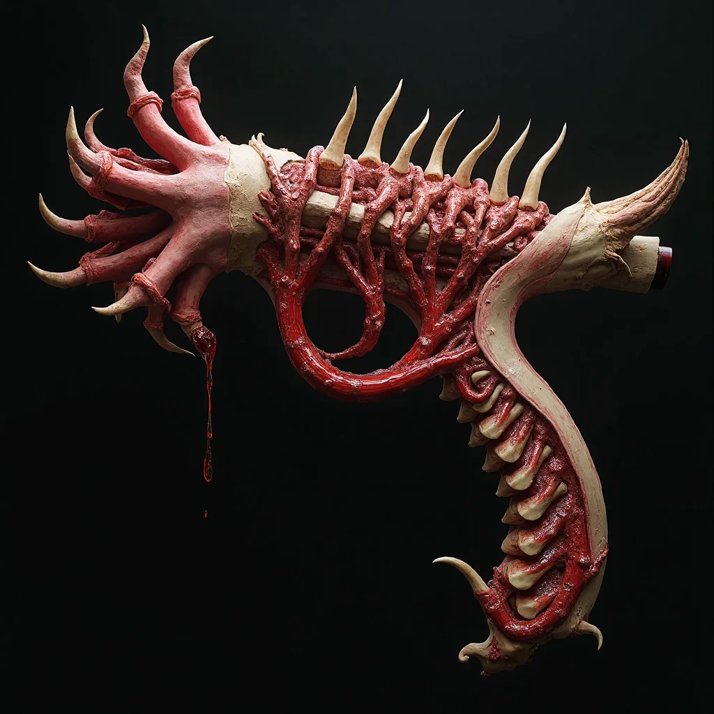 This nightmarish weapon is crafted from living flesh and distorted bone, its barrel a pulsating artery, intertwined with sinewy tendons and held together by grotesque patches of stretched skin. The grip is a cluster of jagged, claw-like fingers, each bone exposed and glistening with fresh blood, while the stock is a twisted spinal column, pulsating with a sickly glow, connected by strands of exposed nerves that twitch faintly. Blood vessels run along the weapon’s surface, oozing dark, thick fluid, as the entire creation appears to be on the verge of writhing to life, a horrific amalgamation of flesh, bones, and decaying tissue.