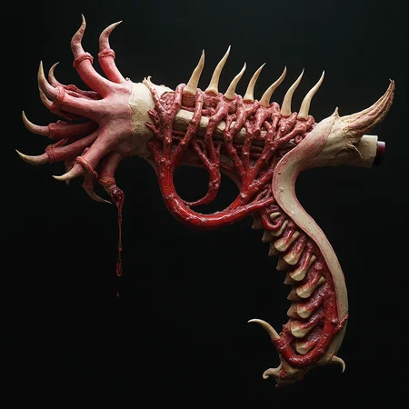 This nightmarish weapon is crafted from living flesh and distorted bone, its barrel a pulsating artery, intertwined with sinewy tendons and held together by grotesque patches of stretched skin. The grip is a cluster of jagged, claw-like fingers, each bone exposed and glistening with fresh blood, while the stock is a twisted spinal column, pulsating with a sickly glow, connected by strands of exposed nerves that twitch faintly. Blood vessels run along the weapon’s surface, oozing dark, thick fluid, as the entire creation appears to be on the verge of writhing to life, a horrific amalgamation of flesh, bones, and decaying tissue.