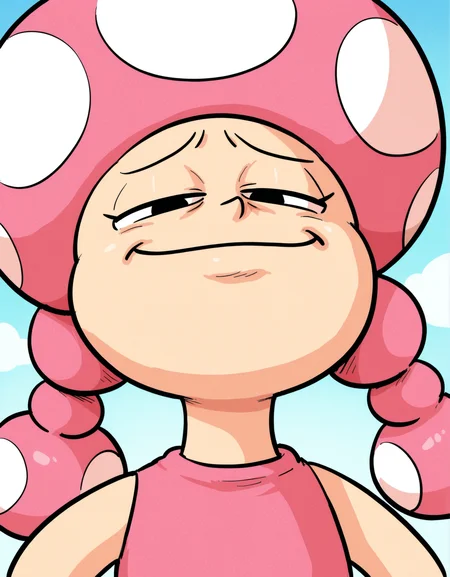 <lora:merriviuselfmeme_smug_illust:0.8> merriviuselfmeme_smug, exaggerated smug expression,  <lora:IL_Toadette_SM:0.5> toadette, pink cap, twintails, black eyes, dot eyes, no ears,  pink dress,