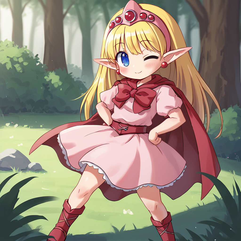 score_9, score_8_up, score_7_up, BREAK source_anime, best quality, masterpiece, 1girl, solo,<lora:monstermaker_pony:0.8>lorien, elf, blonde hair, long hair, blue eyes, pink tiara, jewelry, pink dress, puffy sleeves, pink skirt, red cape, red bow, in forest, (chibi:1.1), one eye closed, smile