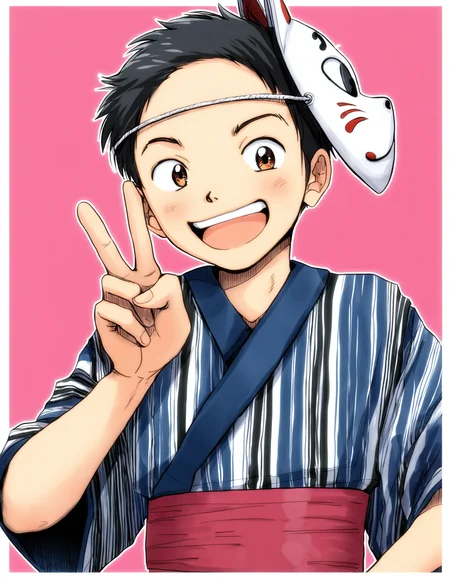 masterpiece, best quality, boysfactory-style, pink background, white border, white outline, 1boy, solo, smile, japanese clothes, yukata, smiling, upper body, mask on top of head, peace sign <lora:boys_factory_NaXLeps_v4f-ShoAI:1>