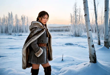Stable_Yogis_PDXL_Positives, ziprealism, A professional photography in Steve McCurry stvmccrr style, rich colors, cultural portrait, Siberian-Asian, Amid the vast, ice-covered terrain of Siberia, a young female hunter is poised, her form standing tall in the middle of a dense forest of frost-covered birch trees. The early morning sun casts soft shadows across the snow, highlighting the quiet, untamed beauty of the frozen landscape., Dressed in a woolen tunic dyed in muted gold, the young female hunter wears a fur-lined coat adorned with simple yet elegant patterns. Her high-waisted thigh-high stockings in charcoal gray pair with knee-high leather boots. Her proud-erect stance, toned thighs, and slender form blend seamlessly with the mystical allure of the Siberian wilderness, evoking the resilience of her 17th-century heritage., Her frost-kissed skin, a rich bronze, contrasts beautifully against the pale landscape, giving her a timeless, striking appearance. Her hair, bright and thick, is braided into a series of tight knots, with fur and beads woven into the strands, capturing the essence of both strength and femininity., A pouch of tools hangs from the traditional Siberian huntress belt. A weathered fur cloak billows around her, providing both warmth and protection as she stands against the harsh frosty elements., The landscape is a wild, frozen expanse, with tall birch trees dusted with snow and ice. The ground is covered in a blanket of white, stretching toward the horizon wthe siberian huntresse distant mountains rise in the distance. The stillness of the scene is broken only by the wind, which rustles through the Siberian trees., This portrayal recalls the emotional depth of Konstantin Makovskyâs portraits, while the environmental realism echoes the work of Isaak Levitan. The rich textures of the traditional Siberian huntress attire and the frozen landscape are reminiscents of the artistic mastery of Ivan Kramskoi., <lora:add-detail-xl:1.0><lora:Consistency Corrector XL:0.4><lora:stvmccrr:1>âââ
