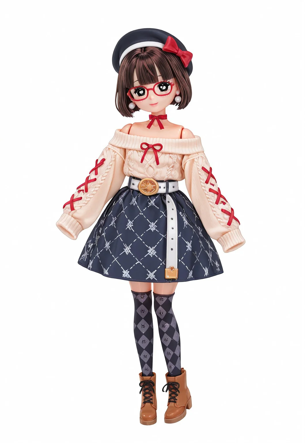 (fullbody, front facing, facing viewer) (moe, kawaii), doll, ((doll joints, Licca-chan : 1.2)), 1girl, short hair, bobcut, dark brown hair, big sparkling black eyes, (black eyes), glasses, red framed eyewear, blush, smile, (fashion), white off shoulder ribboned sweater, bare shoulders, long sleeves, sleeves over wrists, sleeves over fingers, moesode, white belt, loose belt, copper belt buckle, navy blue argyle print skirt, black beret hat, red ribbon on hat, hat bow, jewelry, pearl earrings, black ribbon choker, white and dark blue argyle print stockings, brown lace-up ankle boots