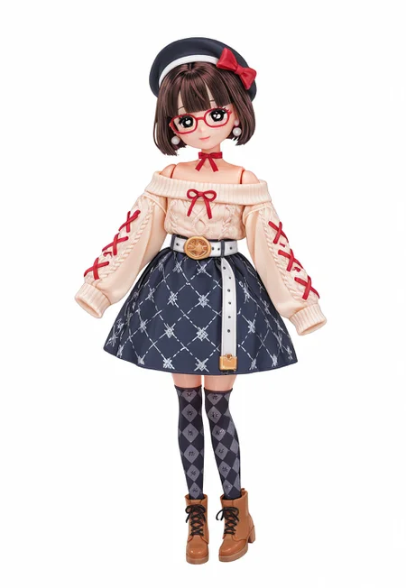 (fullbody, front facing, facing viewer) (moe, kawaii), doll, ((doll joints, Licca-chan : 1.2)), 1girl, short hair, bobcut, dark brown hair, big sparkling black eyes, (black eyes), glasses, red framed eyewear, blush, smile, (fashion), white off shoulder ribboned sweater, bare shoulders, long sleeves, sleeves over wrists, sleeves over fingers, moesode, white belt, loose belt, copper belt buckle, navy blue argyle print skirt, black beret hat, red ribbon on hat, hat bow, jewelry, pearl earrings, black ribbon choker, white and dark blue argyle print stockings, brown lace-up ankle boots