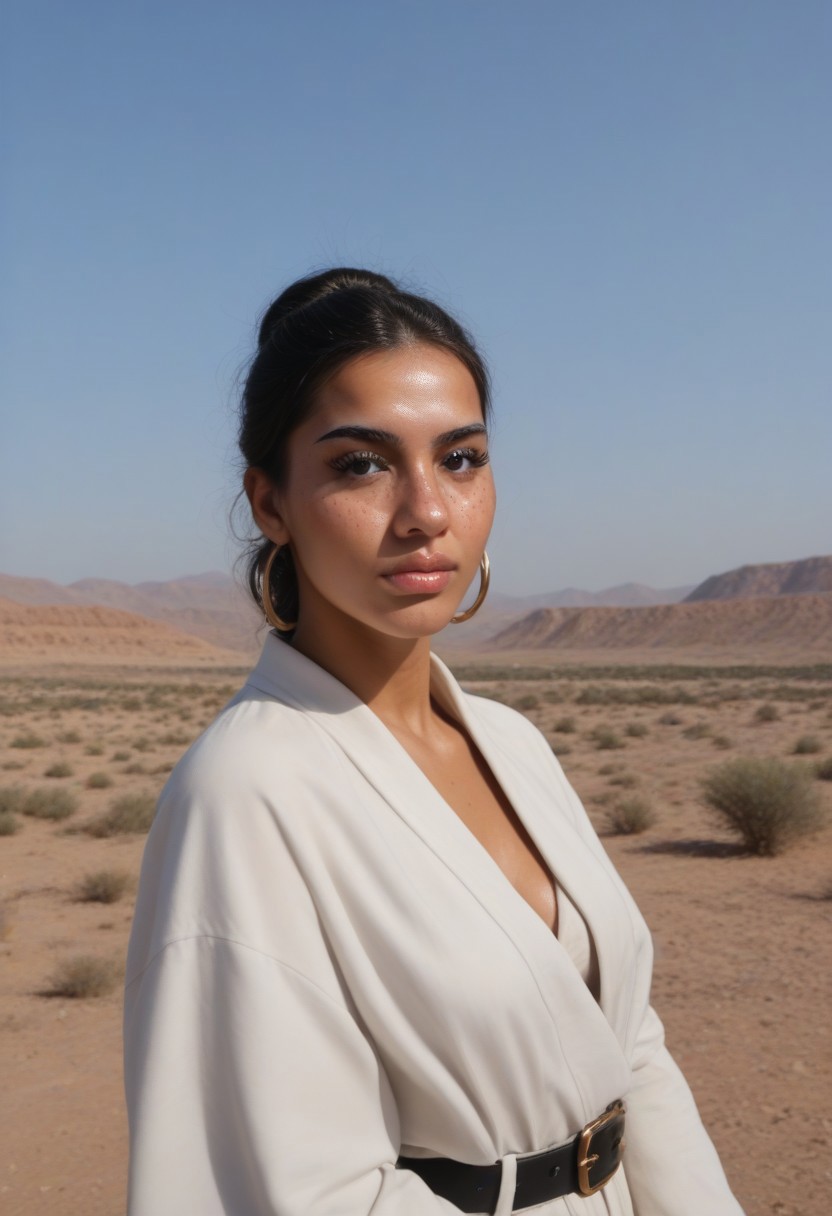 score_9, score_8_up, score_7_up, 1girl, adult, latina woman, updo, tall, medium build, in a desert, white robe, bundled by a black belt, jawas in background, afternoon, twilight, golden hour, extremely detailed,  upper body, tatooine, two suns setting,  aldeberon, stars, 
detailed eyes,perfect eyes,, freckles,, perfect skin texture, photorealistic eyes,,