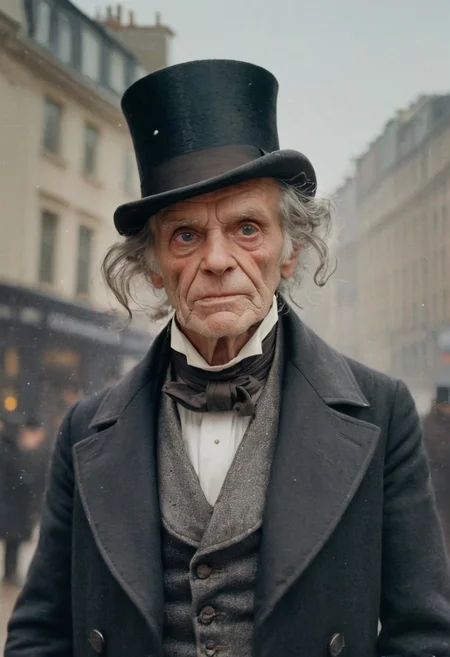 beautifully realistic realism, (vivid HDR photography, epic scene, cinematic photograph, timelapse, kodak portra film, film grain, real color), (highly detailed portrait of a awkwardly handsome old man<Ebenezer Scrooge is delightfully wry yet unusually old looking and round, large sideburns<lamb chops>, mesmerizing eyes, fantastic, masculine, most incredible details, realistic skin, pores, deep wrinkles, gray hair>), setting: 19th century Piccadilly Circus Lodnon<c. 1843, snowing, festive> by (great fashion photographer, tony kelly, (casey baugh:1.3)), wearing 1843 period winter formal suit<Chanel Métiers d'Art men's totc haute couture> with a warm overcoat, a bit of holly, great scot, bah humbug, hazy, contrast, (stoic like Ebenezer Scrooge and lit like a brandon woelfel model and masculine like a men's winter fashion supermodel), postcard, delightful, beautiful composition
