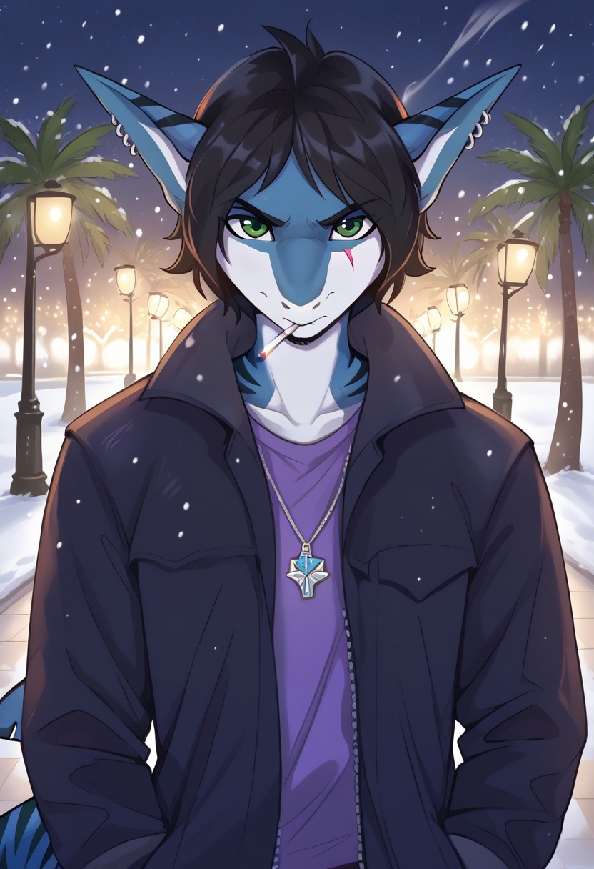 <lora:Scappo_Style_v2_PonyXL:0.8> by scappo, scappo,  score_9, score_8_up, score_7_up,1boy, lunarsunxl,  anthro shark,dark blue skin, stripes on the body, short hair,lush hair,black hair, green eyes, shark tail, scar on the fin, ear piercing, BREAK, looks at the viewer, confused, stretches out hand to viewer, open palm, shell pendant in palm, cigarette in his mouth, lights a cigarette with a lighter, purple T-shirt, long black coat, background, park in winter, night, it's snowing
