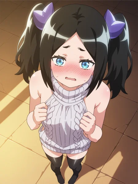 best quality,amazing quality,blue eyes,detailed eyes,solo,anime,<lora:Toxico Dannarv3:1>,toxico dannar,full body,thighhighs,standing,from above,virgin killer sweater,Volumetric Lighting,flustered,looking at viewer,