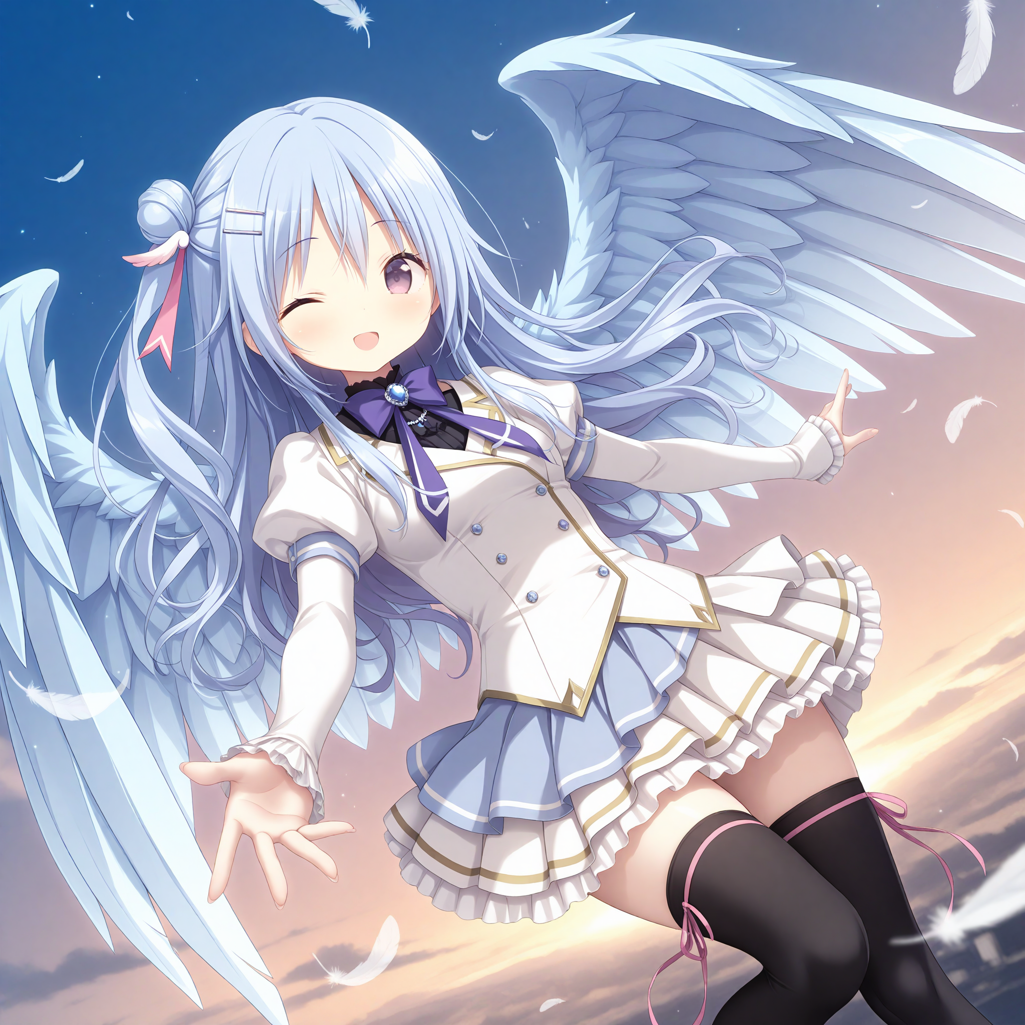 <lora:COQ_art_n16c16_nai_Loha:1.3>,COQ art,
<lora:Arianna_Heartbell_1_nai:0.75>,Arianna Heartbell,one side up,single hair bun,single side bun,hairclip,hair ornament,school uniform,black thighhighs,pleated skirt,long sleeves,puffy sleeves,white jacket,juliet sleeves,black shirt,ribbon,frills,white skirt,frilled skirt,purple bowtie,layered sleeves,pink ribbon,collared shirt,blue skirt,miniskirt,layered skirt,blue gemstone,
1girl,solo,looking at viewer,smile,open mouth,feathered wings,flying,sky,feathers,falling feathers,aerial,depth of field,dutch angle,leaning back,reaching towards viewer,one eye closed,spread_arms,