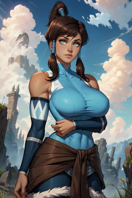 1girl, (solo:1.2), (masterpiece:1.2), (best quality:1.2), (perfect anatomy:1.4), (perfect female anatomy:1.2), (confident:1.2)
(large breasts:1.4), skindentation, <lora:NeoArtCore [MockAi - v1.0]:0.8> neoartcore, pinup, (soft shading:1.2), <lora:Korra [Konan - v2.0]:0.8> korra, long hair, (brown hair:1.2), black hair, blue eyes, ponytail, dark skin, dark-skinned female, topknot, (hair tubes:1.4), fur-trimmed jacket around waist, (blue halterneck top:1.3), armlet, vambraces, (bare shoulders:1.3), (arm_warmers:1.3), sleeveless, (beautiful white clouds:1.3), puffy clouds, white sky