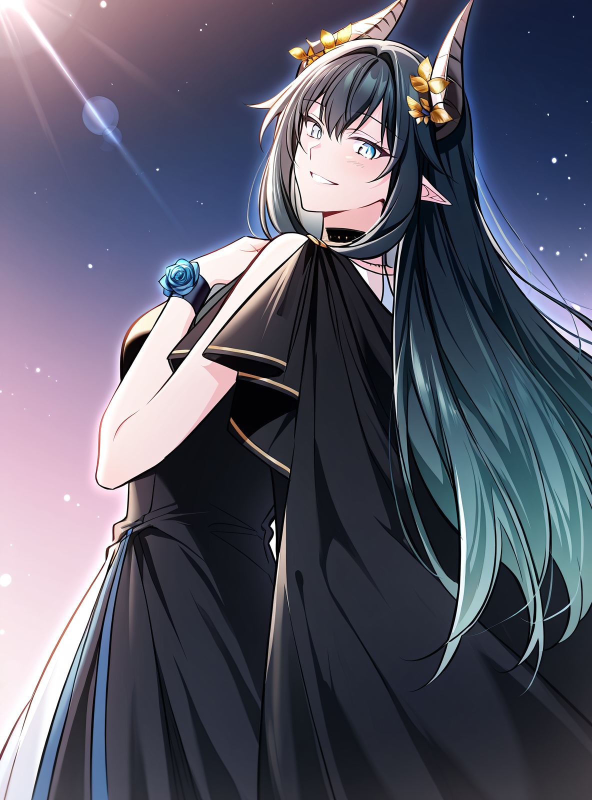 <lora:Regressor_Instruction_Manual__Dialugia:1>
1 girl, solo, long hair, straight hair, black hair, greenish blue hair, gradient hair, bangs, hair ornament, golden flowers, elf ears, horned girl, horns, light blue eyes
white dress, black outer robe, blue lining, blue trim, black cloak, starry cloak, layered outfit, black and gold accents, golden trim, choker, black choker, sleeveless dress, long dress, open cloak, necklace, blue rose bracelet
score_9, score_8_up, score_7_up, very aesthetic, source_anime, detailed, high quality, beautiful, detailed eyes, masterpiece, best quality, absurdres, perfect anatomy, dynamic low-angle shot, looking down while smiling brightly, wind blowing through hair, one hand near chest, flushed cheeks, dramatic lighting from behind, glowing rimlight, cinematic lens flare, soft pinkish background, ethereal atmosphere, anime style