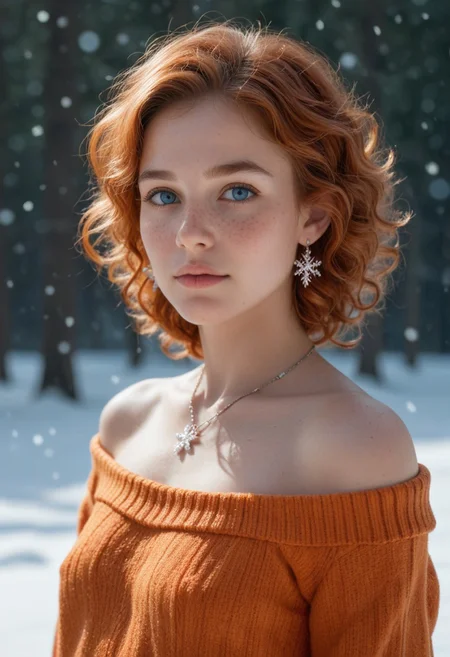 score_9, score_8_up, score_7_up, masterpiece, high quality, hyperrealistic, (melancholy), 8k, detailed face, detailed eyes, (warm colors, bokeh, Natural skin, Freckles) BREAK 
(Side view, extremely close portrait), 
very skinny beautiful girl, 18 years old, supermodel, looking past viewer, shy, most beautiful girl in the world, very short messy ginger hair, large curls, strand of hair in front of eye, beautiful ocean-blue eyes, ginger eyebrows, cute beautiful face, small pretty nose, slightly freckled skin, red feather earrings, elaborate complex rainbow necklace, small chest, off-shoulder warm orange knitwear sweater,
Warm lighting, black background, (snowing), snowflakes, snow,