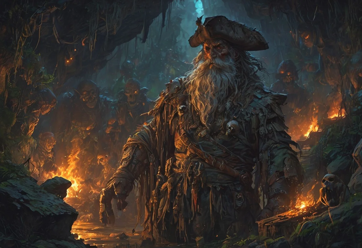 Oil on canvas, a hauntingly vivid depiction of the infamous pirate Blackbeard and his crew, pirate ghost crew, ghost , illuminated by flickering torchlight as they confront the vengeful spirits of former buccaneers, guardians of a long-lost treasure trove deep within a damp, moss-covered cave, eerie shadows dancing across the walls, amidst a swirling mist of ethereal blue and wispy grey, gold glints of treasure spilling from ancient chests, Blackbeard's piercing gaze defiant, the phantoms' eyes blazing with a malevolent glow, as the two forces engage in a standoff, frozen in time. <lora:MJ52:0.3> <lora:SDXLFaeTastic2400:0.4> <lora:EpicF4nta5yXL:0.7>