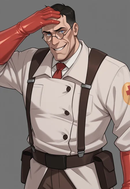 anime, masterpiece, best quality, detailed background, 8k, 1boy, solo, medic (tf2), mature man, blue eyes, black hair, very short hair, glasses, round eyewear, white shirt, red tie, white labcoat, brown suspenders, brown utility belt, red gloves, rubber gloves, brown pants, grin, evil grin, open mouth, gray background, half body, face focus, hand on forehead, turning to viewer, staring at viewer, no pose