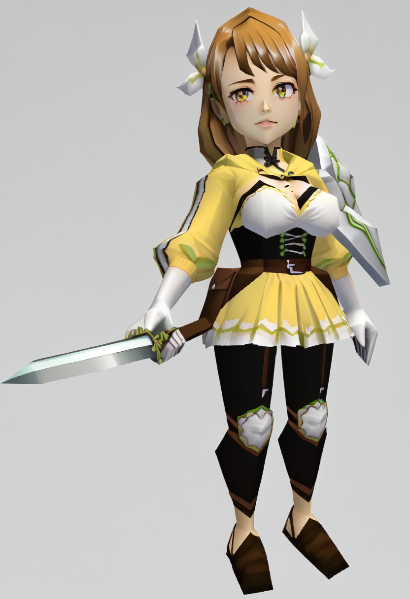 score_9, score_8_up, score_7_up, source_anime, 1girl, looking at viewer, holding sword, <lora:zs_N64ZeldaStyleXL:1> n64zeldastyle, 3d, polygonal, white background, full body, <lora:GoldmaryFE-pdxl:1> defGoldmary, long hair, braid, hair ribbon, hair ornament, hooded jacket, shrug \(clothing\), cleavage cutout, large breasts, mole on breast, white gloves, black corset, brown belt, belt pouch, yellow skirt, leggings, garter straps, knee pads, flats, shoulder armor, single pauldron
