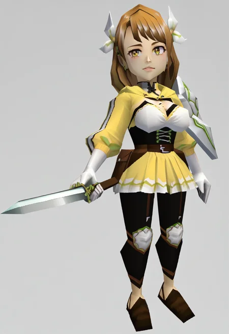 score_9, score_8_up, score_7_up, source_anime, 1girl, looking at viewer, holding sword, <lora:zs_N64ZeldaStyleXL:1> n64zeldastyle, 3d, polygonal, white background, full body, <lora:GoldmaryFE-pdxl:1> defGoldmary, long hair, braid, hair ribbon, hair ornament, hooded jacket, shrug \(clothing\), cleavage cutout, large breasts, mole on breast, white gloves, black corset, brown belt, belt pouch, yellow skirt, leggings, garter straps, knee pads, flats, shoulder armor, single pauldron
