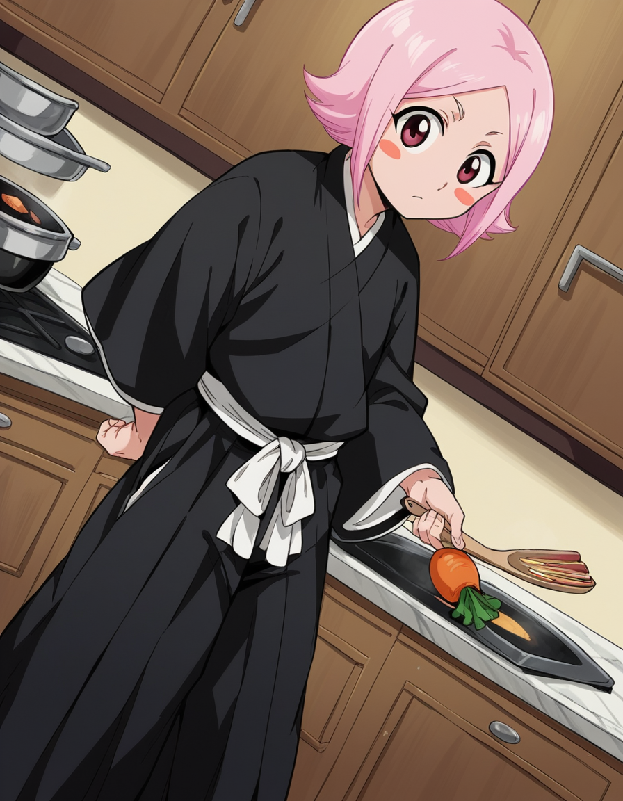 score_9, score_8_up, score_7_up, source_anime, <lora:yachiru-kusajishi-anime-ponyxl-lora-nochekaiser:1>, yachiru kusajishi, short hair, pink hair, pink eyes, blush stickers, forehead,, long sleeves, japanese clothes, hakama, black hakama,, kitchen, cooking, apron, cutting vegetables, home cooking, , , knee forward, arm behind back, foot on tiptoe, solo,, cowboy shot, dutch angle