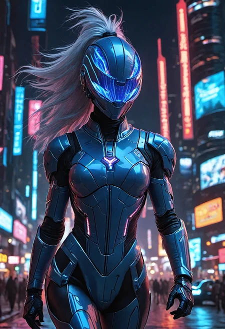 ,photorealistic imagery,
Futuristic cityscape with neon-lit billboards, holographic advertisements, and towering skyscrapers with angular architecture, dimly lit alleys, and bustling streets, dark blue night sky with stars and a crescent moon, ambient light from street lamps and building facades, high-contrast shadows, subtle motion blur, warm color tone, gritty texture, cinematic depth of field, atmospheric haze, and subtle lens flares, Powerful female cyber soldier standing confidently in the center, wearing a sleek blue-tinted helmet with a reflective visor, shining blue energy armor with intricate circuitry details, flowing silver hair cascading down her back, neon blue accents on her armor, gripping a red glowing energy sword with intricate metallic details, bold pose with one leg forward, dynamic composition with leading lines, shallow depth of field, and intentional camera movement, Inspired by Syd Mead's futuristic concepts, Ash Thorp's vibrant color palette, and H.R. Giger's biomechanical designs