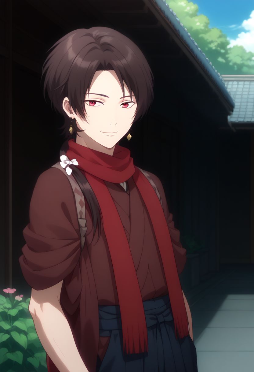score_9, score_8_up, score_7_up, source_anime, highly detailed, 
kashuu, 1boy, male focus, japanese clothes, red eyes, scarf, solo, jewelry, earrings, nail polish, brown hair, mole under mouth, red nails, ponytail, hakama, skirt, red scarf, hakama skirt, mole, upper body, smile,
outdoor, garden, japanese,
