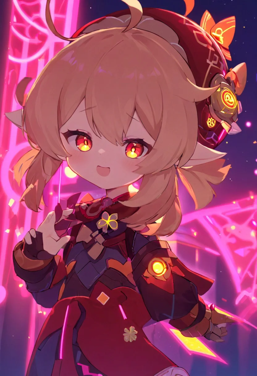 score_up_9, score_up_8, score_up_7,
1girl, witch_hat, , solo, klee_\(genshin_impact\), bangs, hat_bow, orange_eyes, light_brown_hair, ahoge,low_twintails, hair_between_eyes, ,pointy_ears, ribbon,
,(cyberpunk:1.5),(mechanical parts:1.4),nice hands,perfect hands,(glowing eyes:1.1),(cyber armor:1.2),science fiction,<lora:add_detail:1.4>,(cyberware:1.2),pink,neon,(neon trim:1.4),(neon lights:1.2),neon palette,dynamic pose,<lora:GoodHands-beta2:1.2>,<lora:CyberPunkAI:0.2>,CyberpunkAI,
Klee clothing with futuristic details, cyberpunk, neon lights on the armor, at night, in the forest, Klee clothing gothic armor,