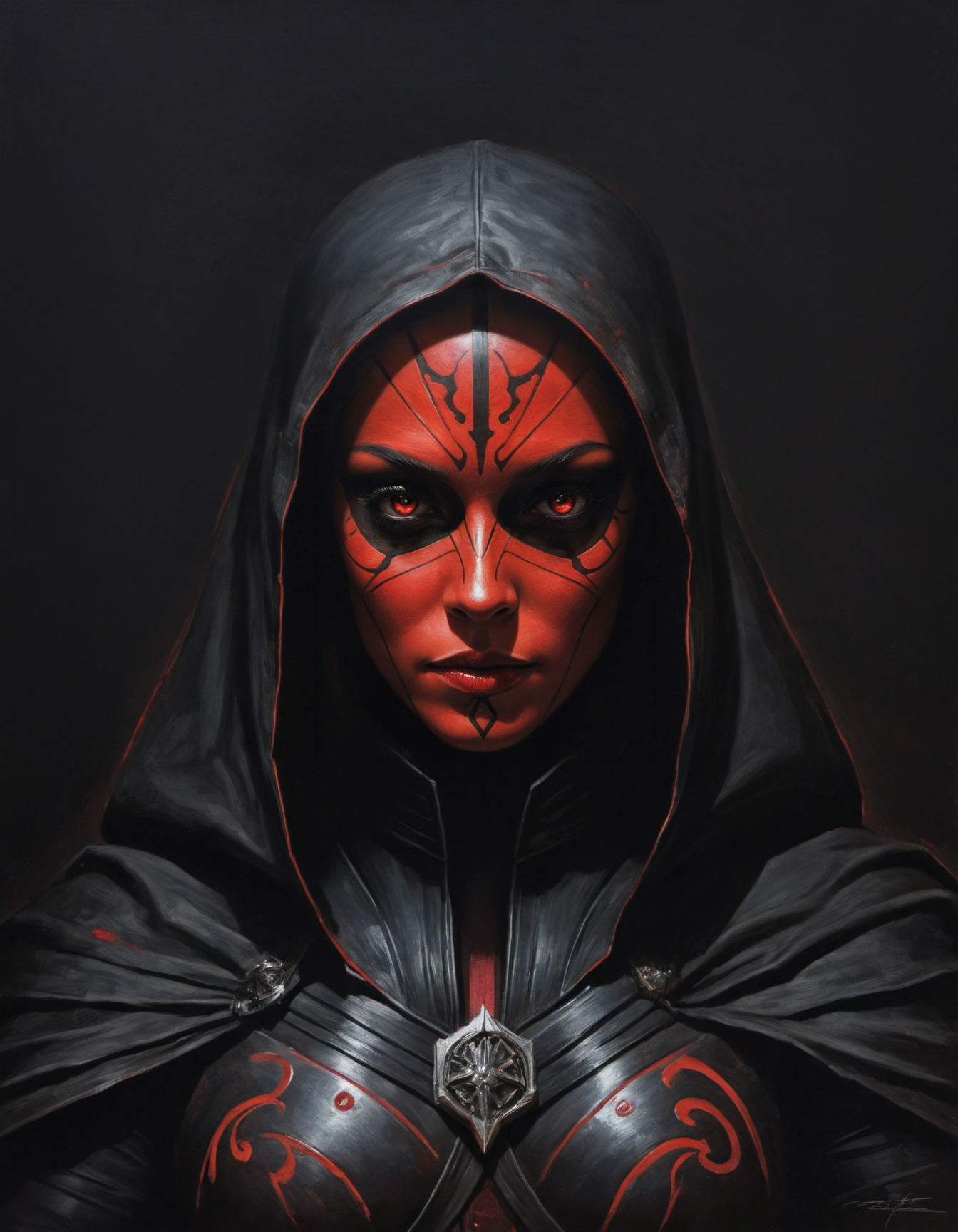 by Leonetto Cappiello,  (truthful but extremely beautiful:1.4), (intricate details, masterpiece, best quality:1.4) , in the style of nicola samori, upper bodyhalf, dynamic pose, 
female ancient sith fighter, Star wars movie style, movie still, dynamic, highly detailed, reminiscent of Star wars movies,, dynamic pose, looking at viewer, glowing red eyes, 
 <lora:add-detail-xl:1> <lora:xl_more_art-full_v1:0.5>  <lora:NicolaSamori:0.7>