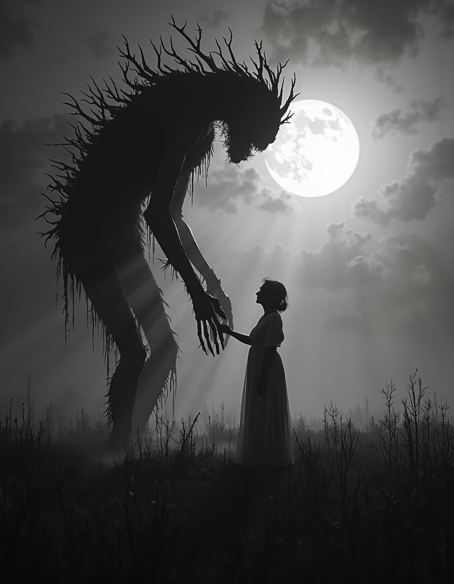 monochrome, in a grassy field at night, monster and a woman dance in the foggy moonlight, d34thd3m0n