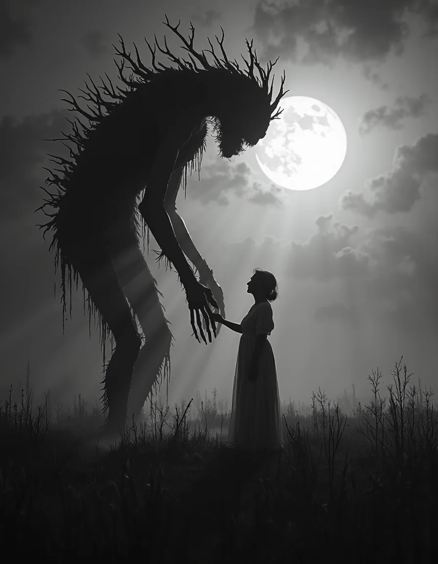 monochrome, in a grassy field at night, monster and a woman dance in the foggy moonlight, d34thd3m0n