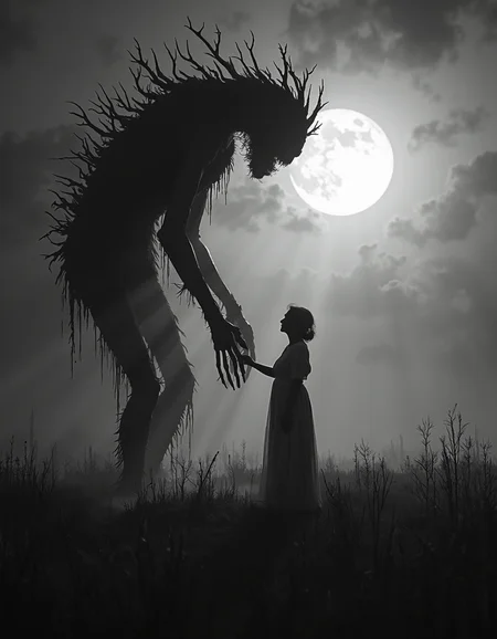 monochrome, in a grassy field at night, monster and a woman dance in the foggy moonlight, d34thd3m0n