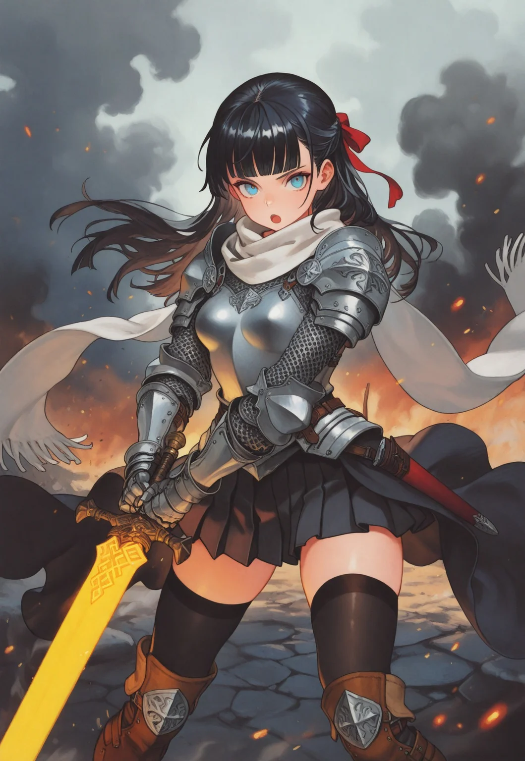 masterpiece, best quality, very aesthetic, absurdres,
cowboy shot, 1girl, solo,
runic guardian, blue eyes, black hair, long hair, blunt bangs, half updo, medium breasts,
hair ribbon, red ribbon, white scarf, armor, pauldrons, breastplate, chainmail, long sleeves, gauntlets, waist cape, miniskirt, pleated skirt, black skirt, black thighhighs, zettai ryouiki, knee boots, brown footwear,
holding sword, glowing sword, two-handed,
standing, fighting stance, legs apart, looking at viewer, open mouth, :o, serious,
outdoors, wind, embers, smoke,
oygilmb
rakugakingu
bdbgil