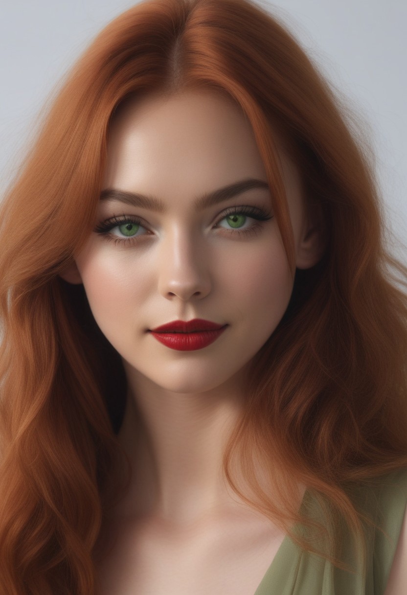 (flawless), score_9, score_8_up, 1woman,dynamic pose, hyper-realistic ((half-face close-up)) of a beautiful woman's eye, focus on eye,((overall round face structure)), ((intense, ultra-realistic beautiful pale green eye)), ((hair strands falling over one eye)), delicate features of her face are framed by long, wavy red hair, seductive look, sexy smile, slightly tousled, real skin, dramatic side lighting, intricate shadows across her face, red lips, moody, piercing gaze, hauntingly beautiful, cinematic moment, (masterpiece:1.2),(Amazing quality), 8K, (high detail:1.4), (highres:1.4), (ultra detailed:1.4), embedding:detailxl, (phenomenal aesthetic),