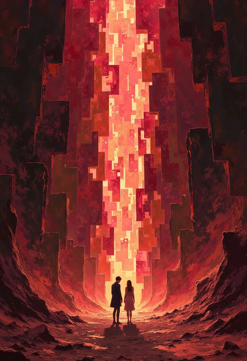 DB4RZ style painting Awful art by Elisabeth Sonrel and Yanjun Cheng, Cascading Reef of luminous rectangles, varying from pixel-thin slivers to massive monoliths, each rectangle emitting Unreal of different intensity and color, arranged in a vertical flow pattern with smaller rectangles clustered at the top, gradually increasing in size towards the bottom, located artistic Full length frame, Cozy, beautiful detailed supreme quality color intricate, original, stunning detail, 1940'S, Symbolist, Celestial female figures, mythological, polished art, Homer and Lisa Exchange Cross Words Grindhouse, Explosive brushwork, Burgundy colors