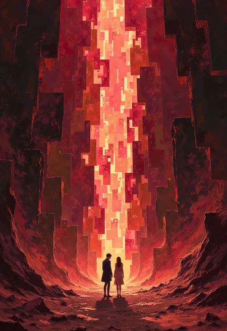 DB4RZ style painting Awful art by Elisabeth Sonrel and Yanjun Cheng, Cascading Reef of luminous rectangles, varying from pixel-thin slivers to massive monoliths, each rectangle emitting Unreal of different intensity and color, arranged in a vertical flow pattern with smaller rectangles clustered at the top, gradually increasing in size towards the bottom, located artistic Full length frame, Cozy, beautiful detailed supreme quality color intricate, original, stunning detail, 1940'S, Symbolist, Celestial female figures, mythological, polished art, Homer and Lisa Exchange Cross Words Grindhouse, Explosive brushwork, Burgundy colors