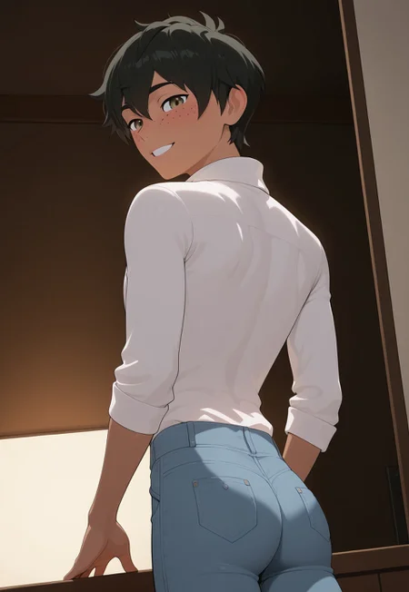 score_9, score_8_up, score_7_up, Masterpiece, Best Quality, beautiful eyes, detailed eyes, male focus, dynamic angle, dim lighting, blush lines, male focus, solo, face focus, back, back view, looking back at viewer, seductive smile, teeth, cowboy shot, standing,
((male)), ((mature)), ((adult)), handsome, sexy, ((skinny)), ((slim)), ((slender)), ((twink)), white shirt, tight blue jeans, small ass,
Oscar P1ne, dark skin, freckles, hazel eyes, black hair, short hair