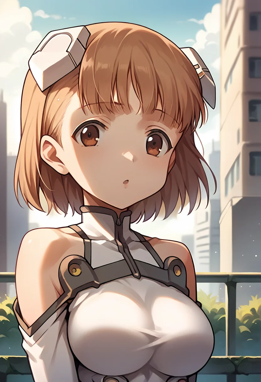 score_9, score_8_up, score_7_up, source_anime, masterpiece, 1girl, ctian0toha, large breasts, brown eyes, unitard, headgear, elbow gloves, grey gloves, upper body, chestnut mouth, tail, outdoors, city, depth of field, sunny, day, looking at viewer, <lora:Otoha_Sakurano_pony_ct:1>