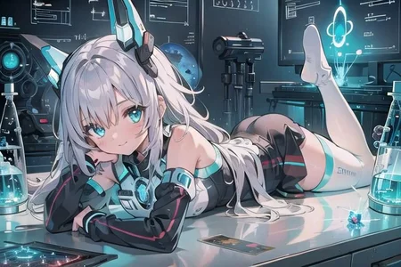 (masterpiece), (science fiction:1.4), 1girl, lying on a mirror, smile, silver hair, aqua eyes, headgear, long sleeves, detached sleeves, glowing energy clothing