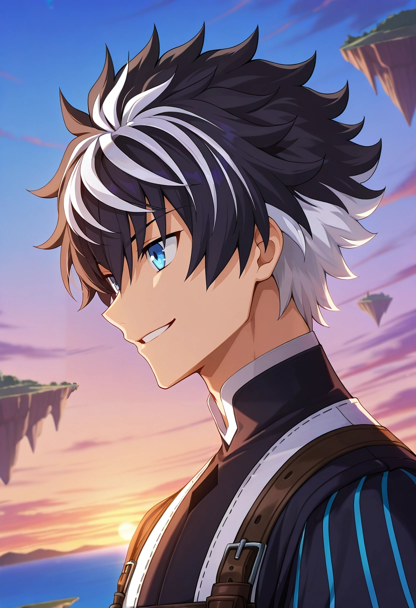 masterpiece, best quality, intricate details, anime screencap, anime coloring, official style, , 1boy, solo, male focus, <lora:charlemagne_fate_ilxl:0.96>, charlemagne_fate, black hair, blue eyes, multicolored hair, white hair, two-tone hair, short hair, hair between eyes, bangs, streaked hair, , from side, floating island, dusk, jumping, naughty smile,
