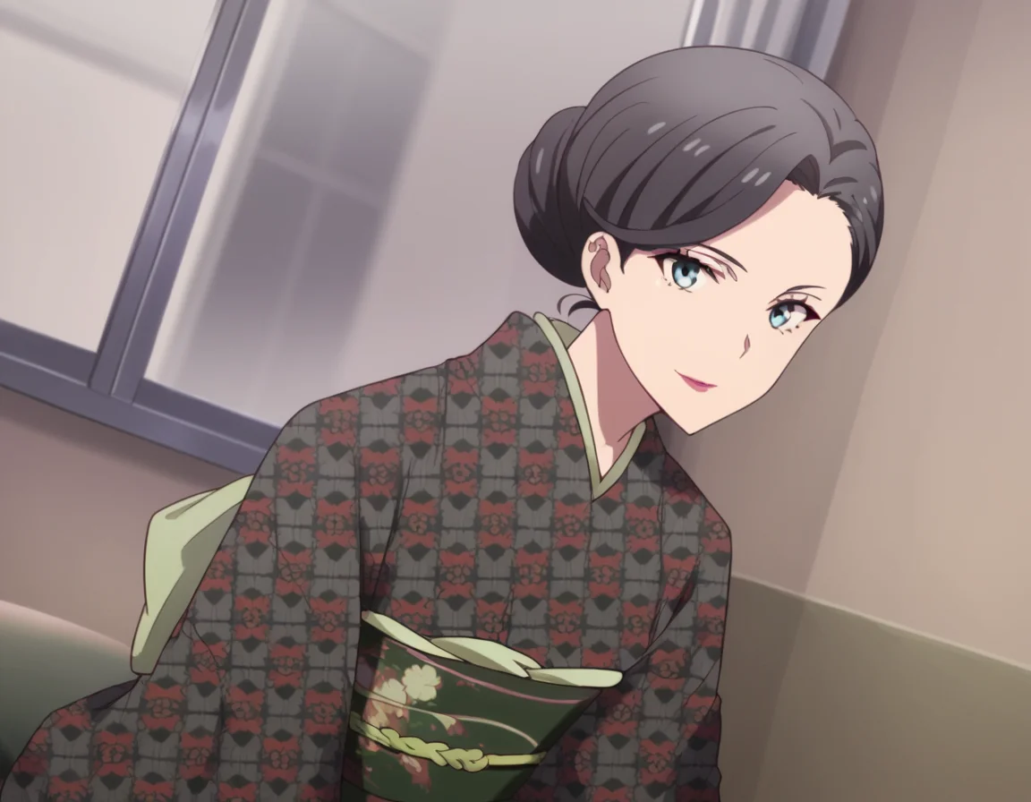 score_9, score_8_up, score_7_up, source_anime,
motheryukinoshita, <lora:mother-yukinoshita-s3-ponyxl-lora-nochekaiser:1>,
mother yukinoshita, short hair, blue eyes, black hair, hair bun, single hair bun, hair up,
japanese clothes, kimono, sash, makeup, obi, floral print, lipstick, black kimono,
indoors, bent over, smile,
looking at viewer, cowboy shot, dutch angle, solo,