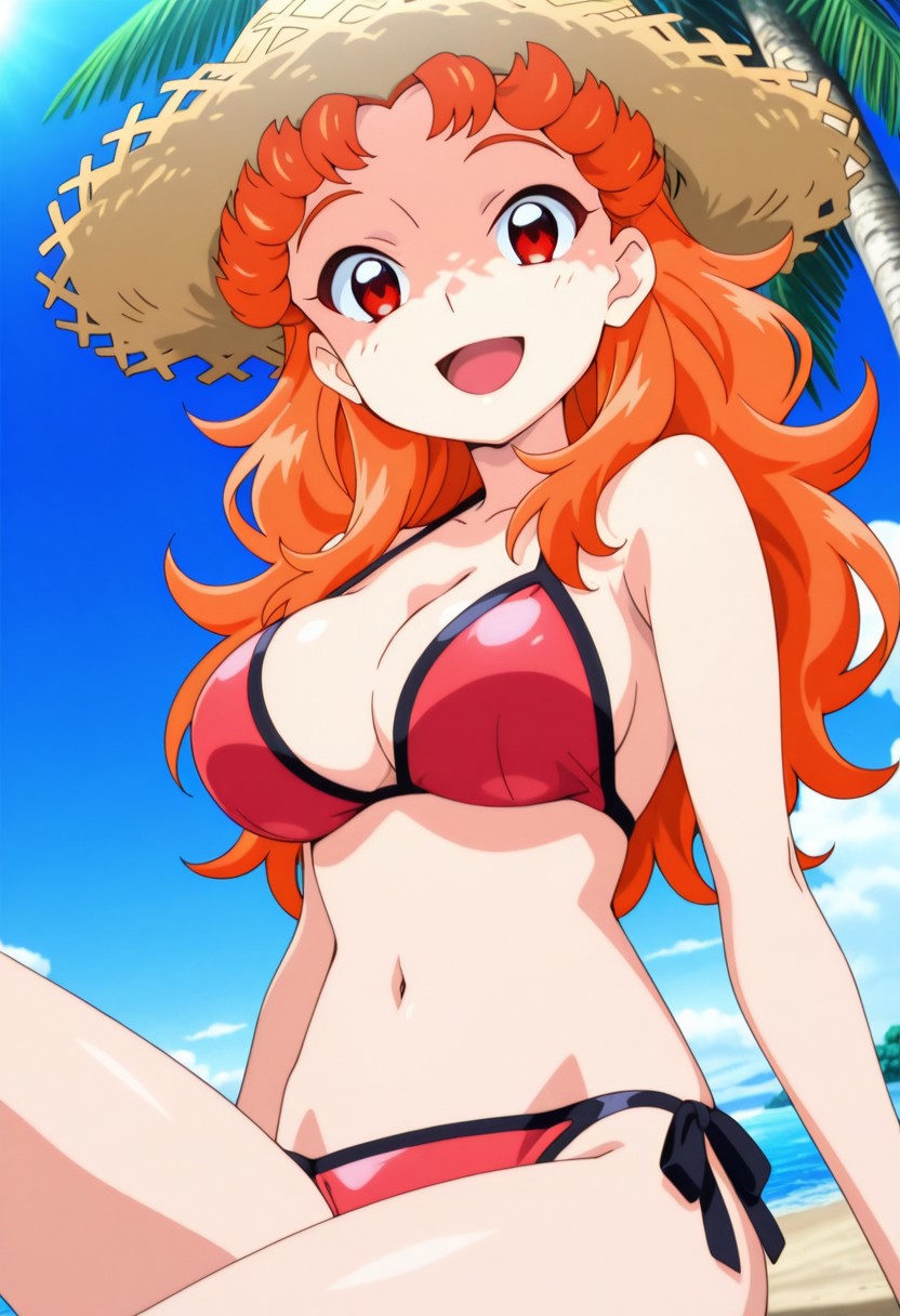 best quality, masterpiece, anime screencap, anime coloring, 1girl, solo, looking at viewer, yuki, 1girl, solo, jsmile, long hair, orange hair, red eyes, breasts, 
swimsuit, sea, sky, beach, sitting, swimsuit, outdoors, bikini, solo, breasts, daytime, straw hat, side tie, bikini bottom, smiling, tree, open mouth, clouds, sun hat, beach, cleavage, navel, blue sky, ocean, palm tree, smile,