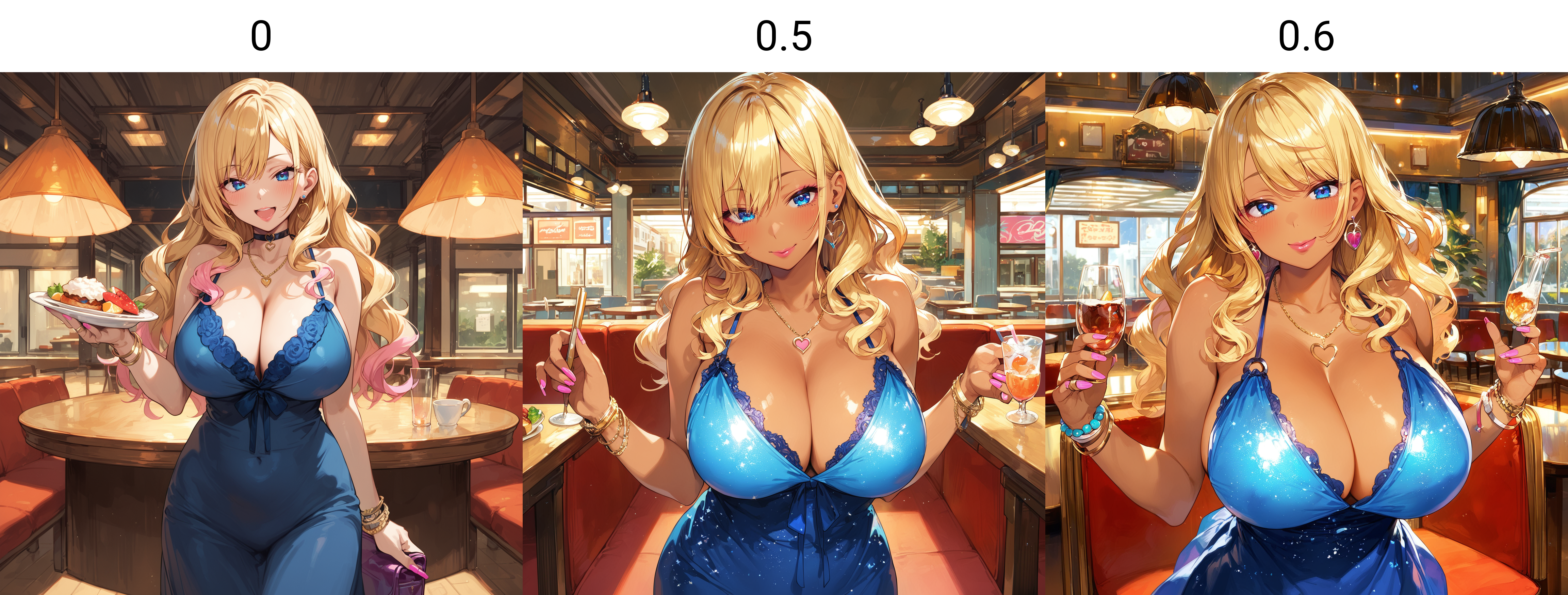 1 female, night dress, restaurant, <lora:CazMaXL:0>, 1 female, long wavy blonde hair, blue eyes,, gyaru