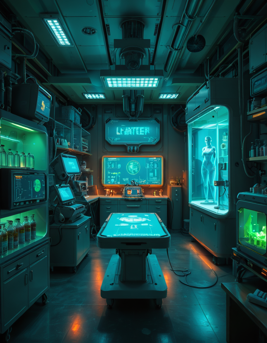 "A hyperrealistic scene of Gordon Freeman in his HEV suit eating lasagna at a retro 90s kitchen table, surrounded by domesticated headcrabs acting like pets, a Vortigaunt washing dishes in an apron, cinematic lighting, absurdity meets realism, surreal textures, intricate kitchen details, nostalgic yet eerie ambiance." A woman scientist standing confidently in front of a futuristic laboratory,futuristic l4b0r4t0ry, filled with advanced technology and glowing screens. She is wearing a sleek, high-tech lab coat with metallic accents Her posture is upright, holding a digital tablet in one hand and gesturing towards a large containment chamber with the other. Inside the chamber, faint outlines of humanoid figures are visible, suggesting the development of super soldiers. The laboratory is illuminated by soft neon lights in shades of blue and green, with detailed machinery, robotic arms, and vials of glowing substances scattered across workstations. The atmosphere is futuristic, clean, and high-tech, with a sense of intense innovation and ambition.<lora:SDXLFaeTastic2400:0.4> <lora:extremely_detailed:0.4> extremely detailed <lora:futuristic_l4b0r4t0ry:1>, Masterpiece,best quality,hi res,8k,hi res,8k,award winning,(sharp focus, intricate, highly detailed),