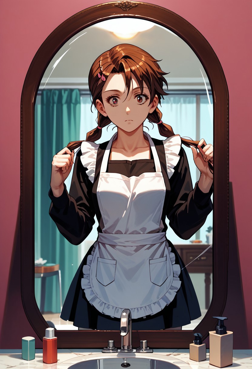 score_9,score_8_up,score_7_up,source_anime, Sakuno Ryuzaki,1girl,solo,skirt,hair ornament,twintails,hairclip,apron,reflection,mirror,